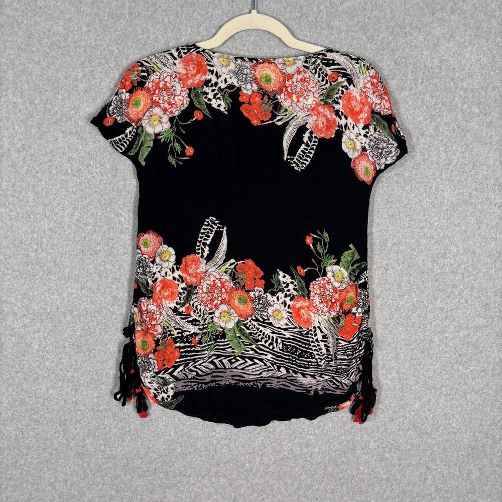 Womens Gauze Top Small Orange Green Floral Sequin Ruched Side Tie Resort Cruise - Picture 8 of 9